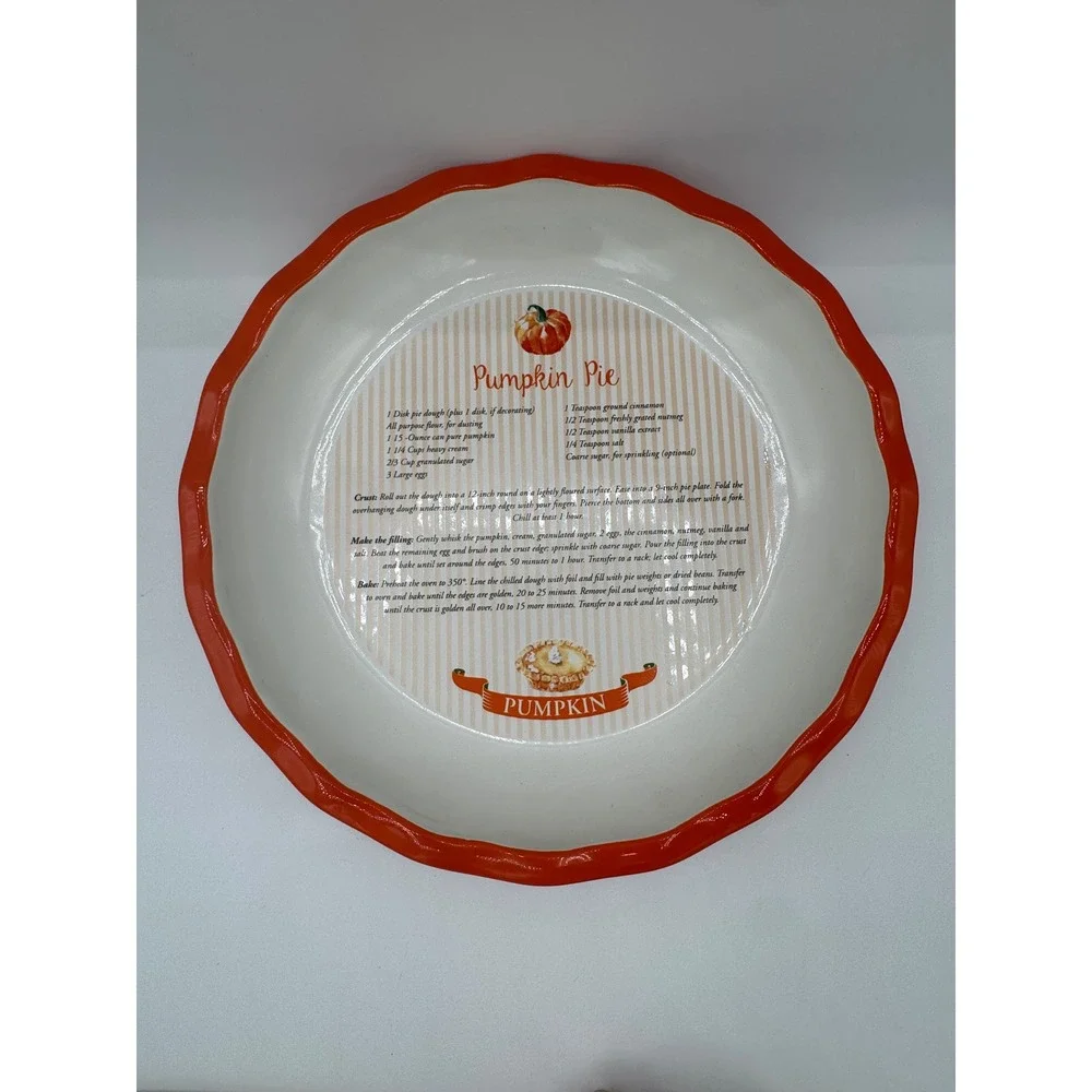 Ceramic Pumpkin Pie Dish with Recipe Scalloped Orange Rim 10.5 Inch Thanksgiving